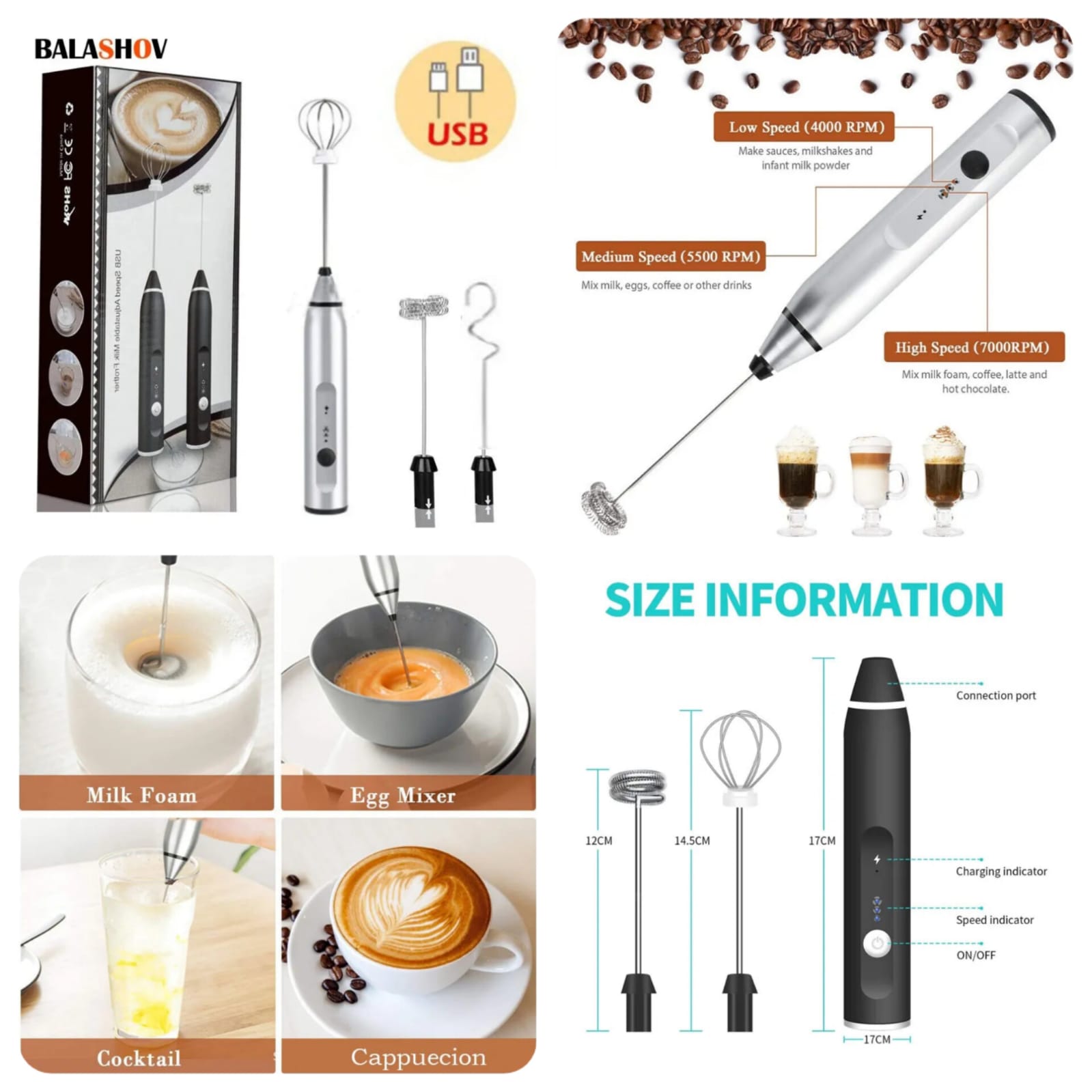 Electric Rechargeable Coffee Beater & Milk Frother and Foamer | High Quality Original Product Front View - OnlineExpo.pk