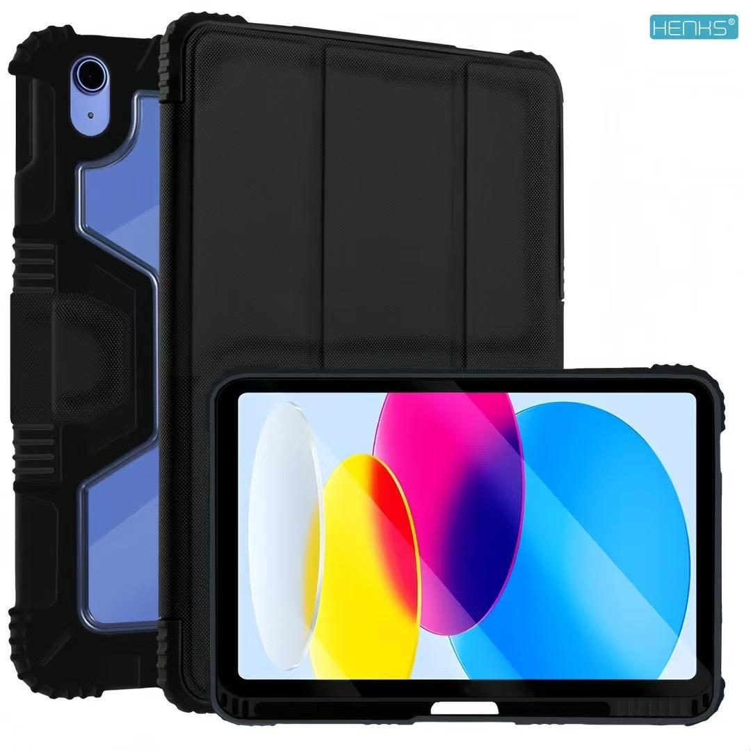 HENKS iPad Air 11inch 2024 Hybrid Bumper Folio Case, Rugged Armor Style, Multi Angle View, Auto Sleep/Wake Function Black
