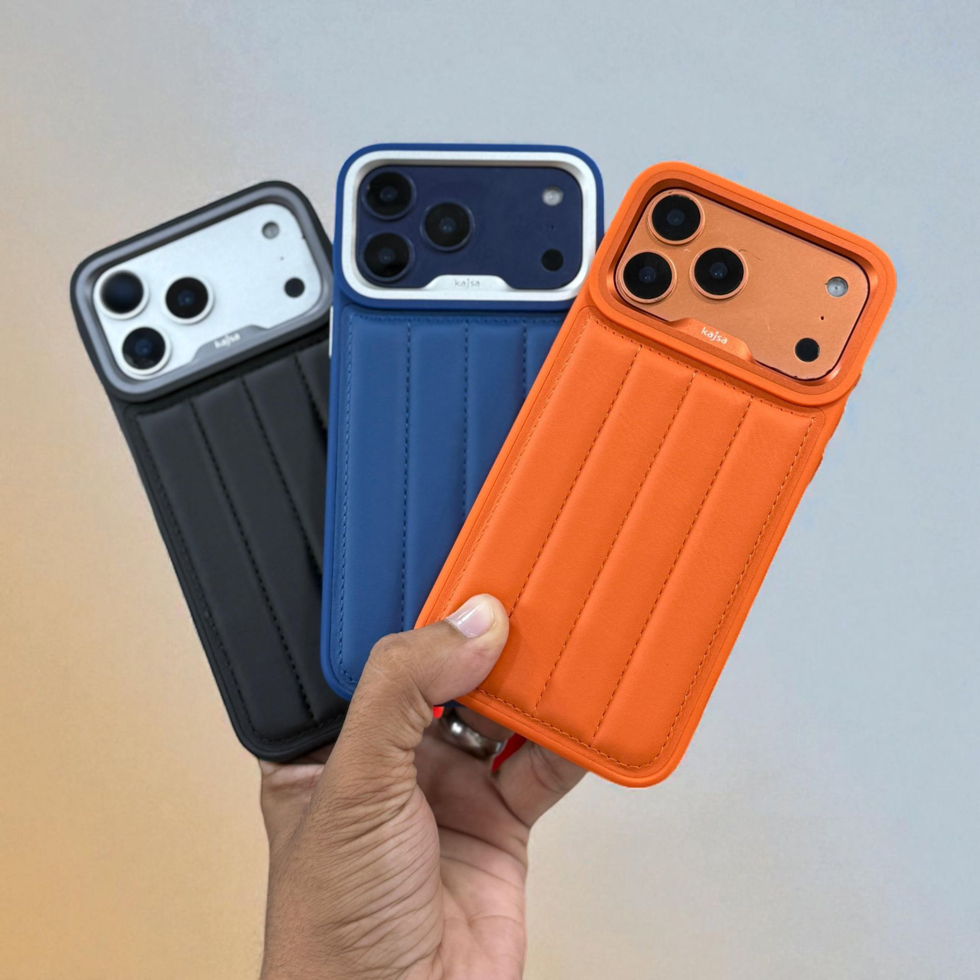 iPhone 18 Pro Max Kajsa Leather Puffer Case Luxury Soft Cushion Protective Back Cover in Black, Blue & Orange (Design 1)