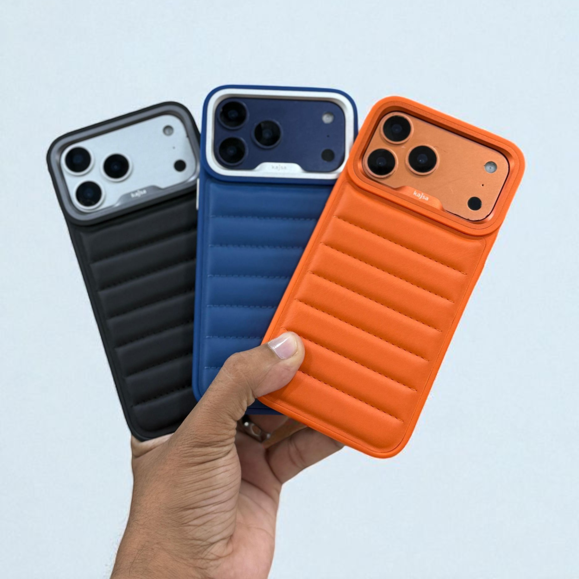 iPhone 18 Pro Max Kajsa Leather Puffer Case Luxury Soft Cushion Protective Back Cover in Black, Blue & Orange (Design 2)