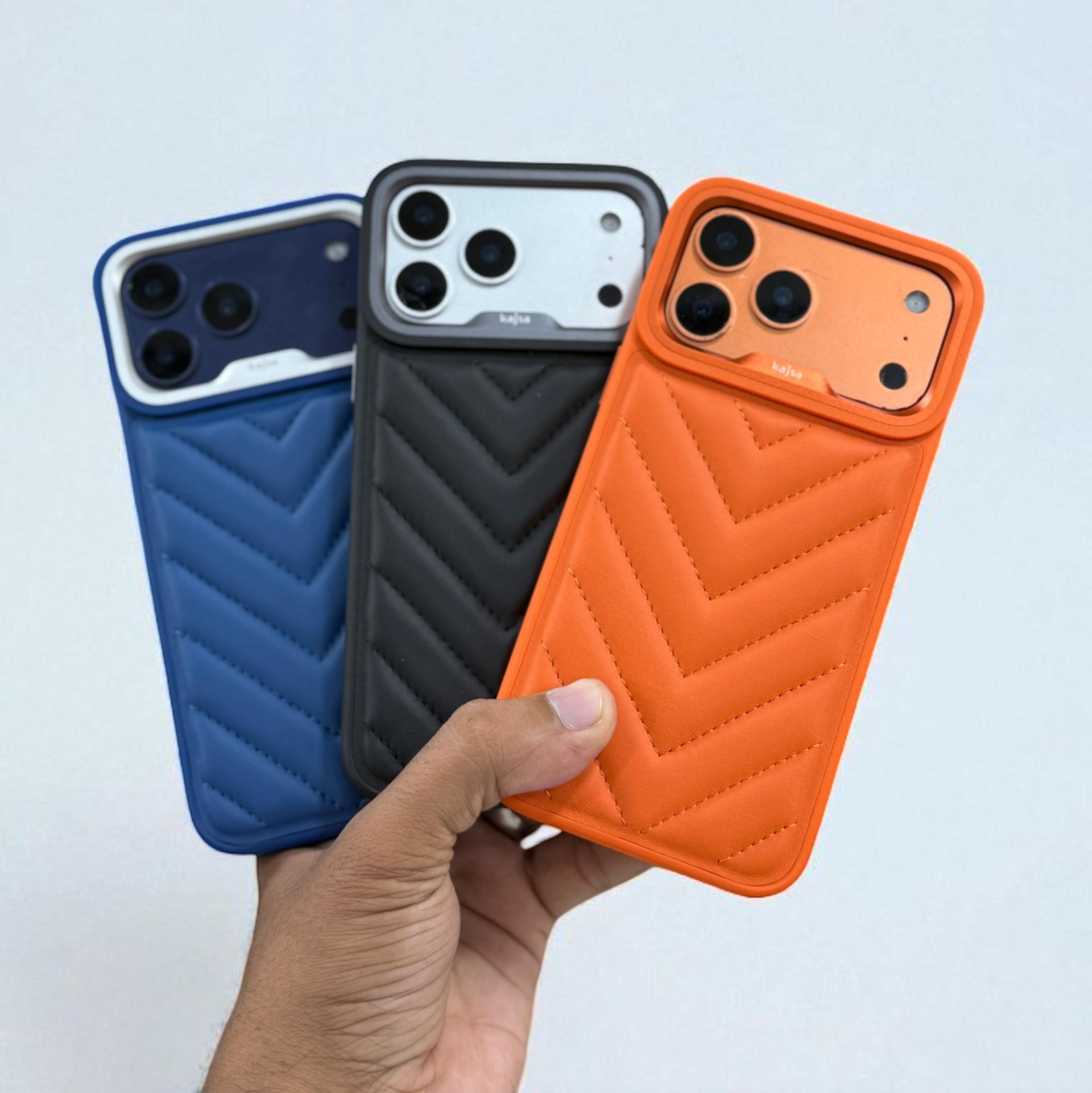 iPhone 18 Pro Max Kajsa Leather Puffer Case Luxury Soft Cushion Protective Back Cover in Black, Blue & Orange (Design 3)