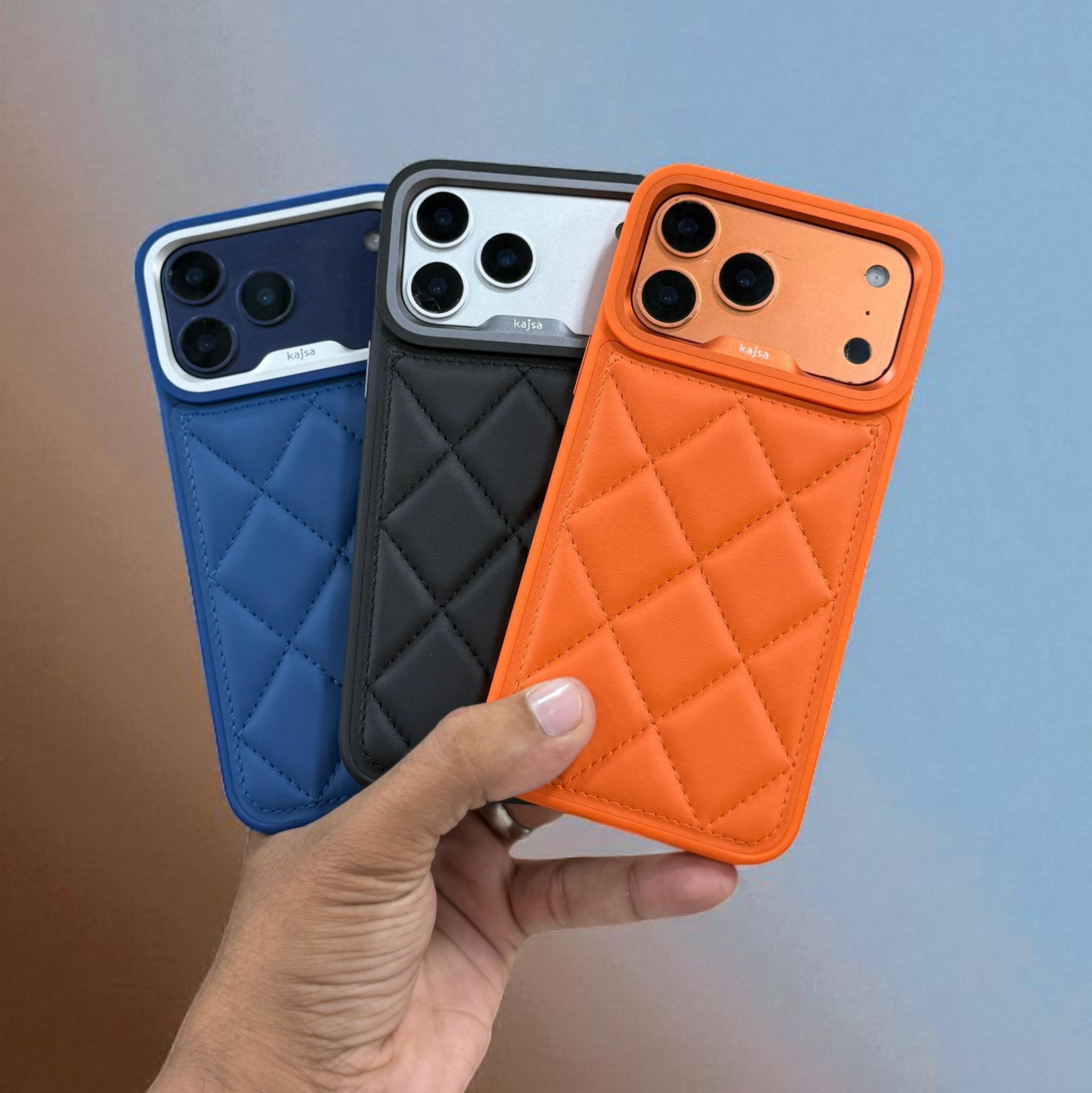 iPhone 18 Pro Max Kajsa Leather Puffer Case Luxury Soft Cushion Protective Back Cover in Black, Blue & Orange (Design 4)