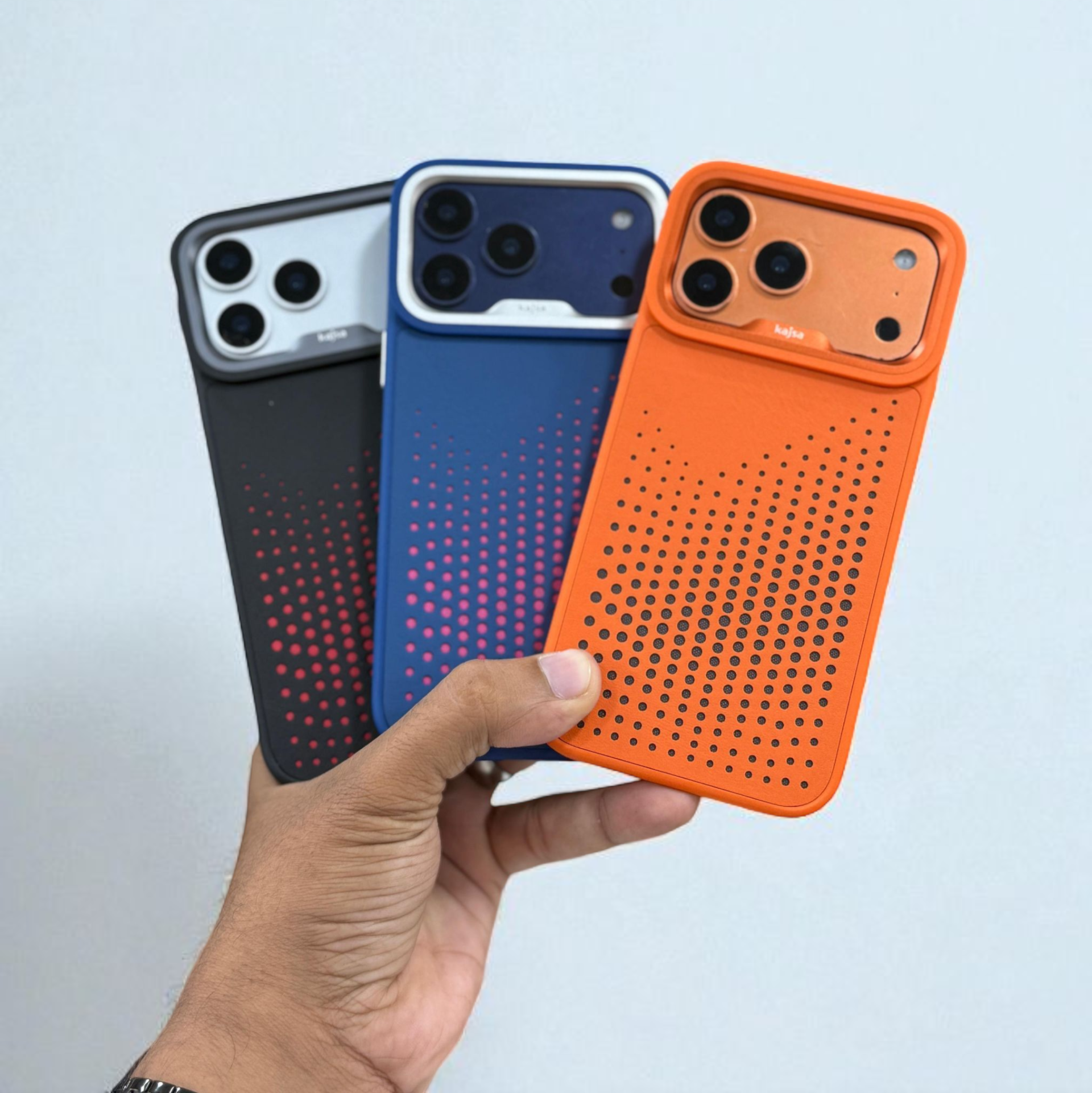 iPhone 18 Pro Max Kajsa Premium Leather Case Elegant Protective Back Cover in Black, Blue & Orange (Design 1) Original