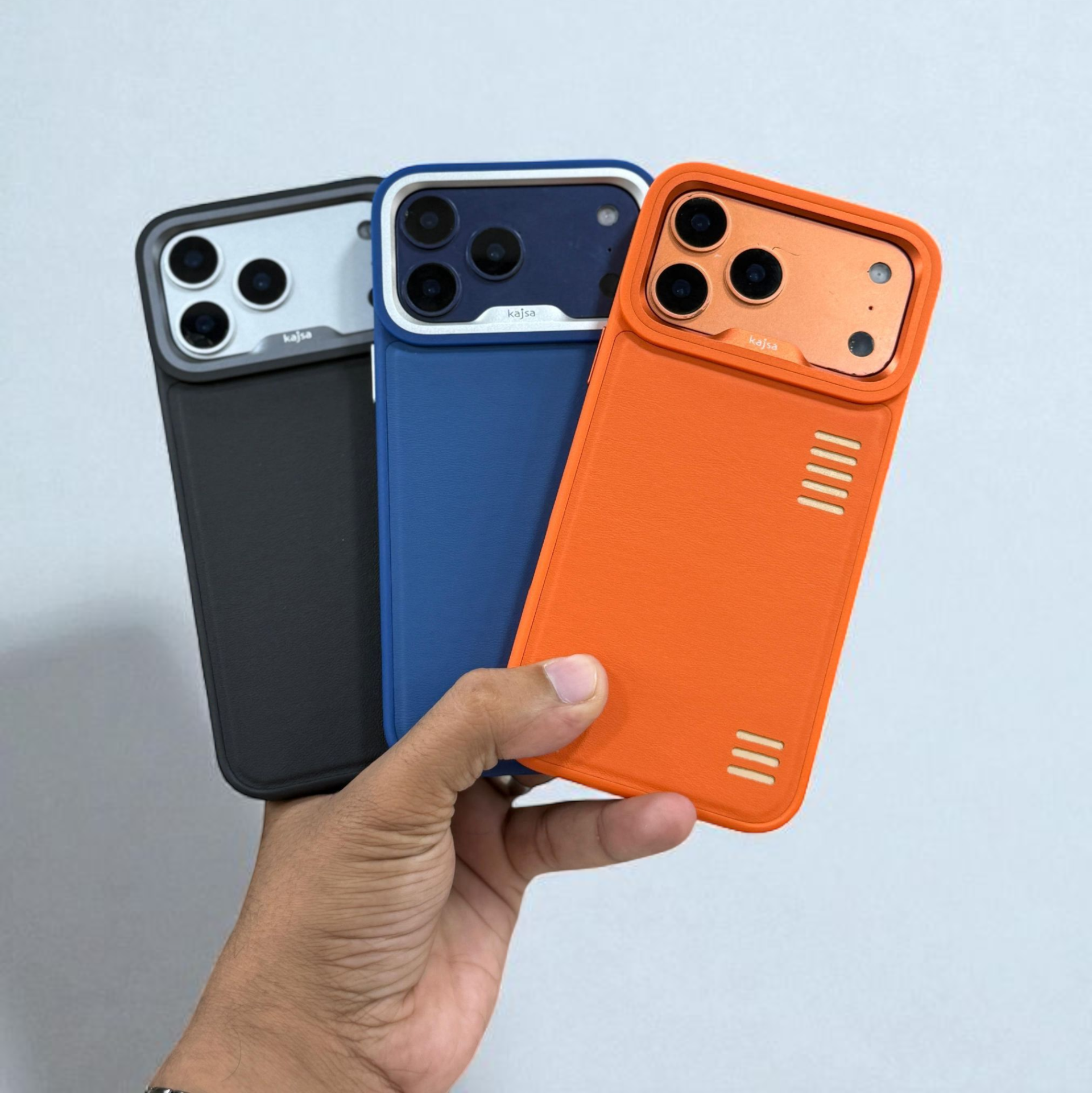 iPhone 17 Pro Max Kajsa Premium Leather Case Elegant Protective Back Cover in Black, Blue & Orange (Design 2) Original