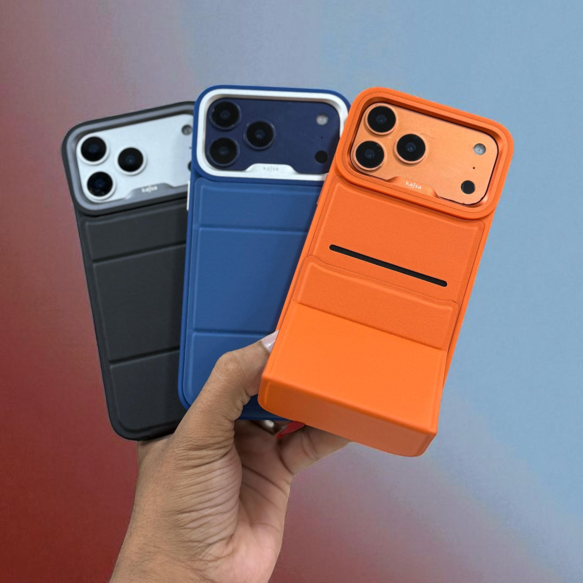 iPhone 17 Pro Max Kajsa Premium Leather Case Elegant Protective Back Cover in Black, Blue & Orange (Design 3) Original