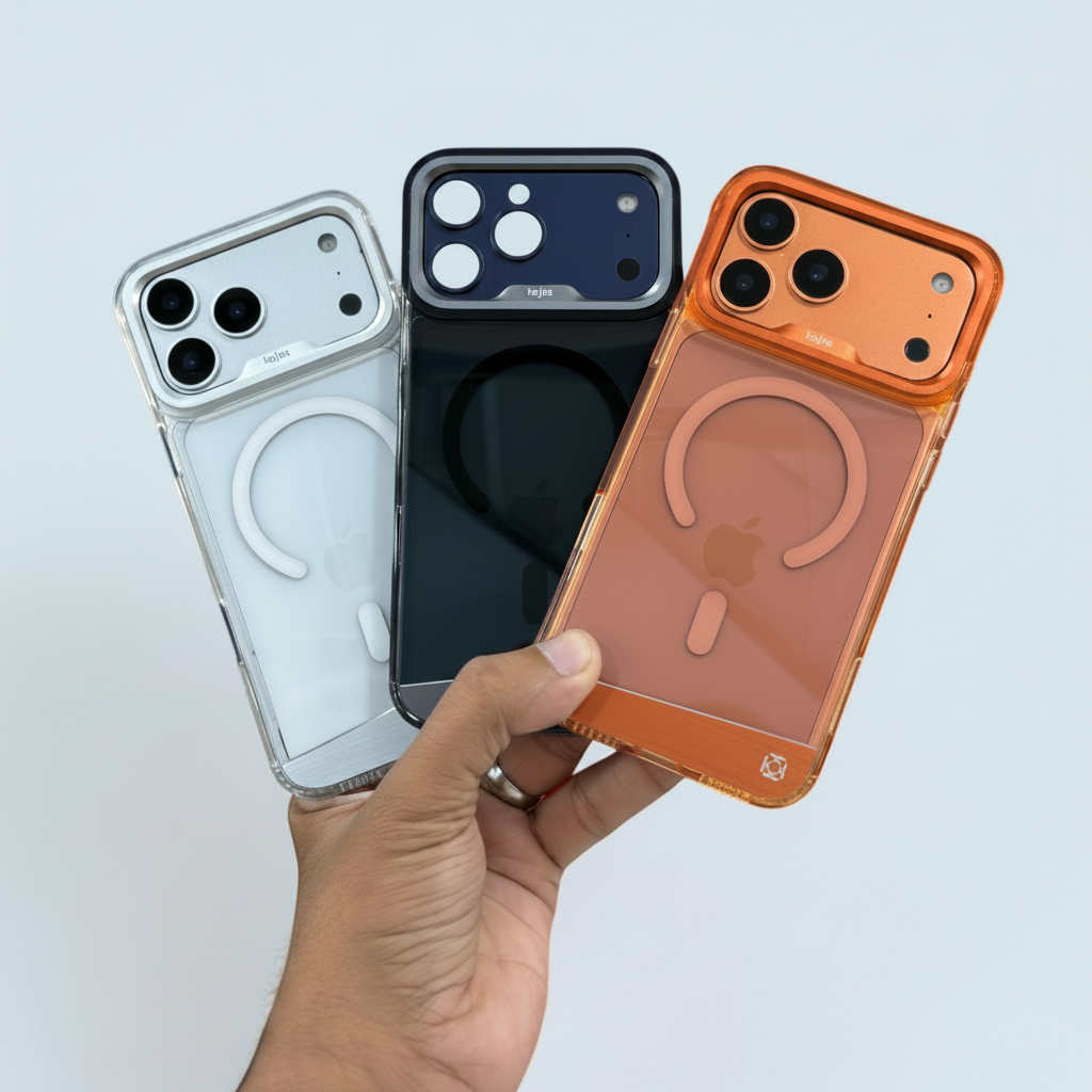 iPhone 18 Pro Max Kajsa Clear PC Case with High Camera Bezels Shockproof Protective Back Cover in Orange, Grey & Silver