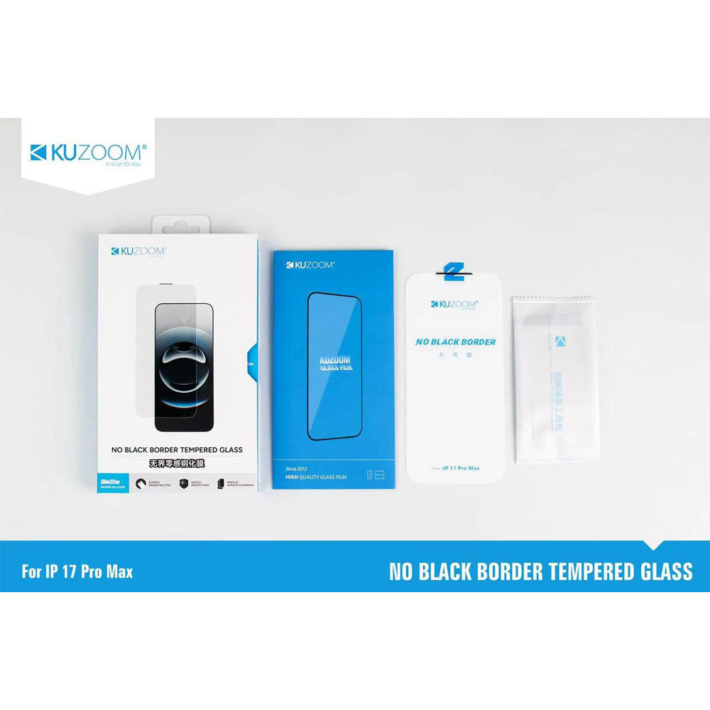 iPhone 17 Pro / Pro Max Kuzoom No Black Border Tempered Glass Screen Protector Clear Original Product Front View