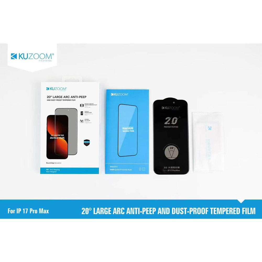 iPhone 17 Pro / Pro Max Kuzoom 20 Degree Large Arc Privacy Tempered Glass Screen Protector Original Product Front View
