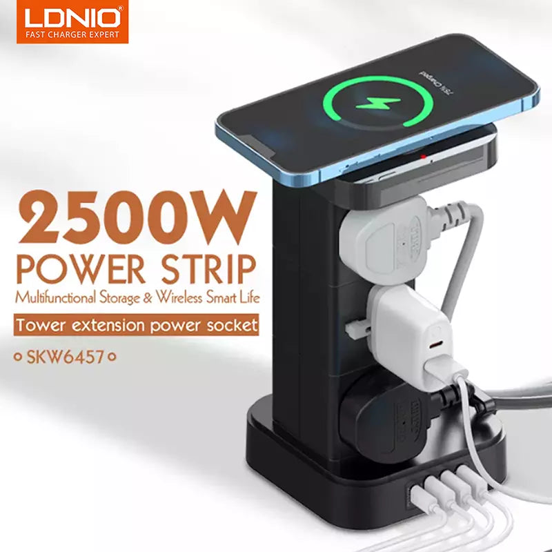 LDNIO SEW4485 2500W Tower Extension 4 Power Socket Wireless 15W Timer Switch Original Product Front View - OnlineExpo.pk