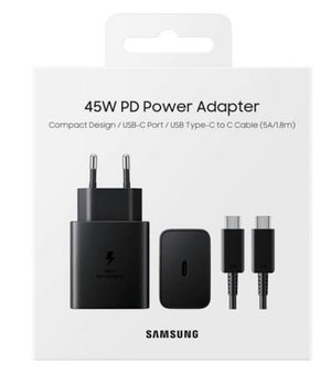 Original 45watt Charger Two pin (Shoe+cable)Show super fast charging option Black and white Original Product Front View - OnlineExpo.pk
