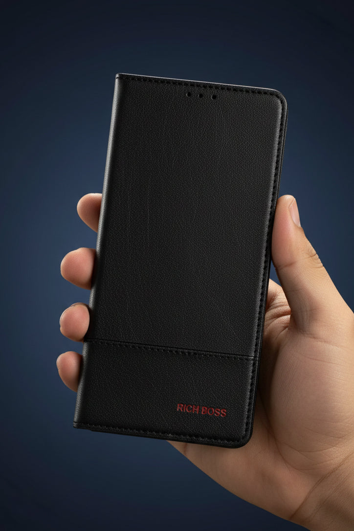 Rich Boss Fashion Flip Leather Case – iPhone 12 to 17 Series | Wallet Book Cover with Card Slots View 2 - OnlineExpo.pk