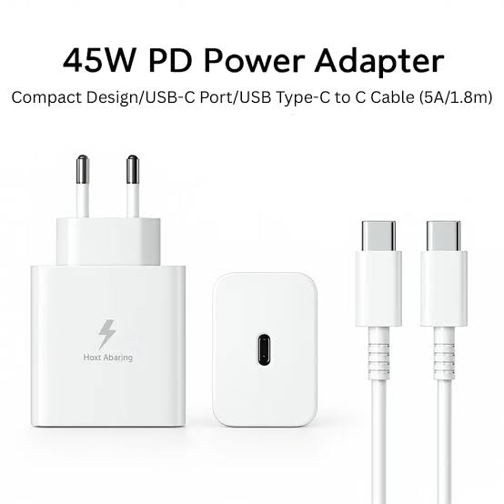 Original 45watt Charger Two pin (Shoe+cable)Show super fast charging option Black and white View 3 - OnlineExpo.pk