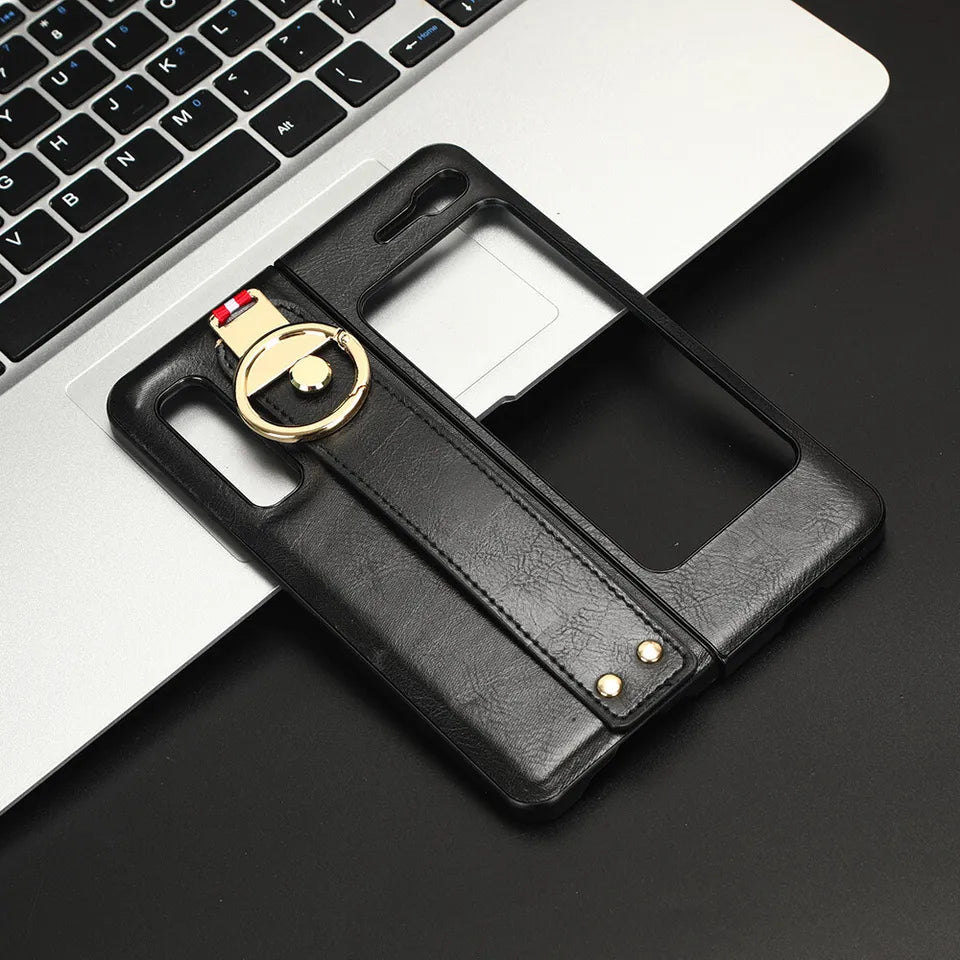 Samsung Galaxy Z Fold 1 Leather Grip Case with Ring Opener - Black Original Product Front View - OnlineExpo.pk