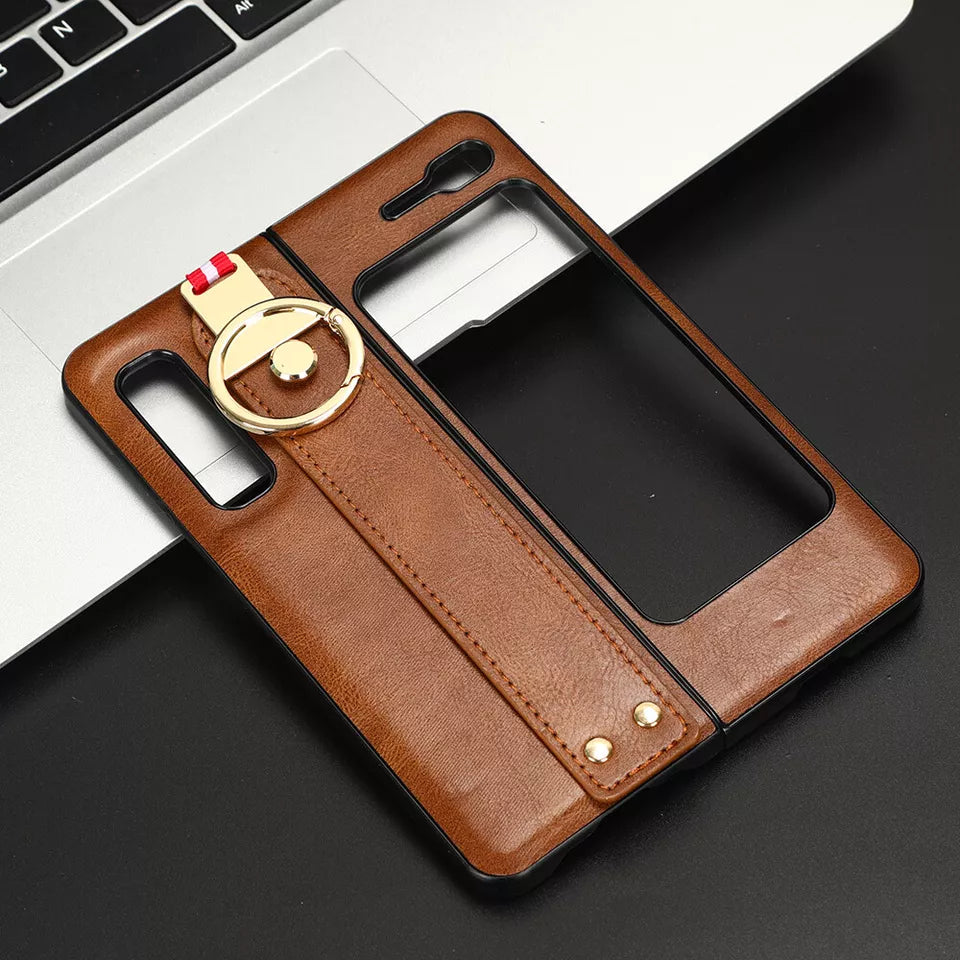 Samsung Galaxy Z Fold 1 Leather Grip Case with Ring Opener - Brown Original Product Front View - OnlineExpo.pk