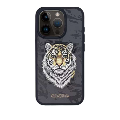 iPhone 15 Pro Max Savanna Series 3D Embroidered Tiger Leather Case - Black Original Product Front View - OnlineExpo.pk